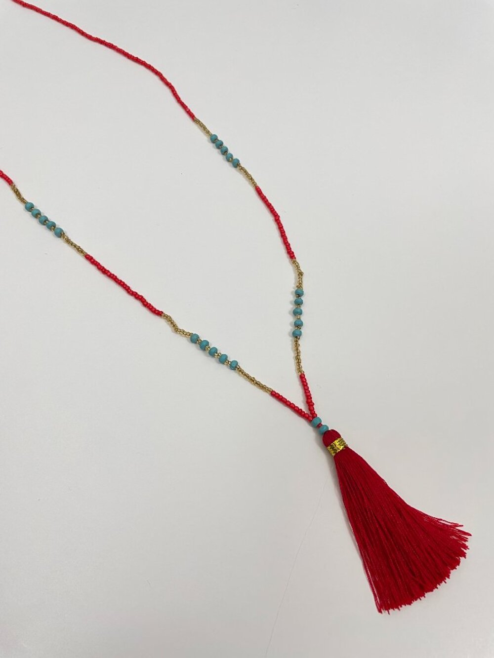 Boho Red Beaded Long Tassel Pendant Necklace Turquoise Gold Accent One Size